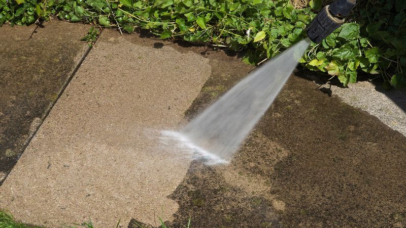 Jet de lavage à pression qui nettoie une dalle de béton